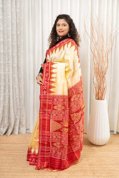 Pasapali Border Khandua Ikkat Silk Saree - Butter Cream