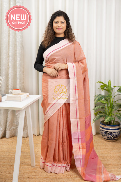 Peachy Orange Patteda Anchu Cotton Saree With Light Peach Border