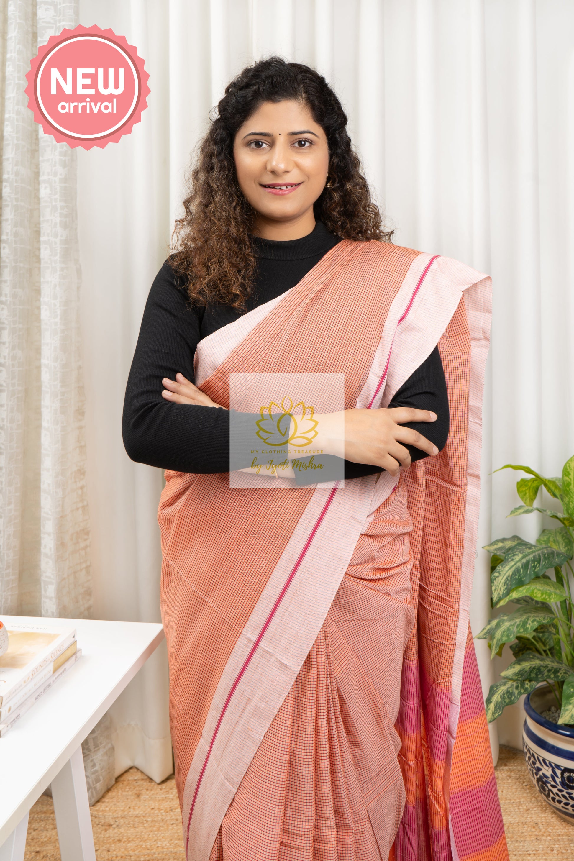 Peachy Orange Patteda Anchu Cotton Saree With Light Peach Border