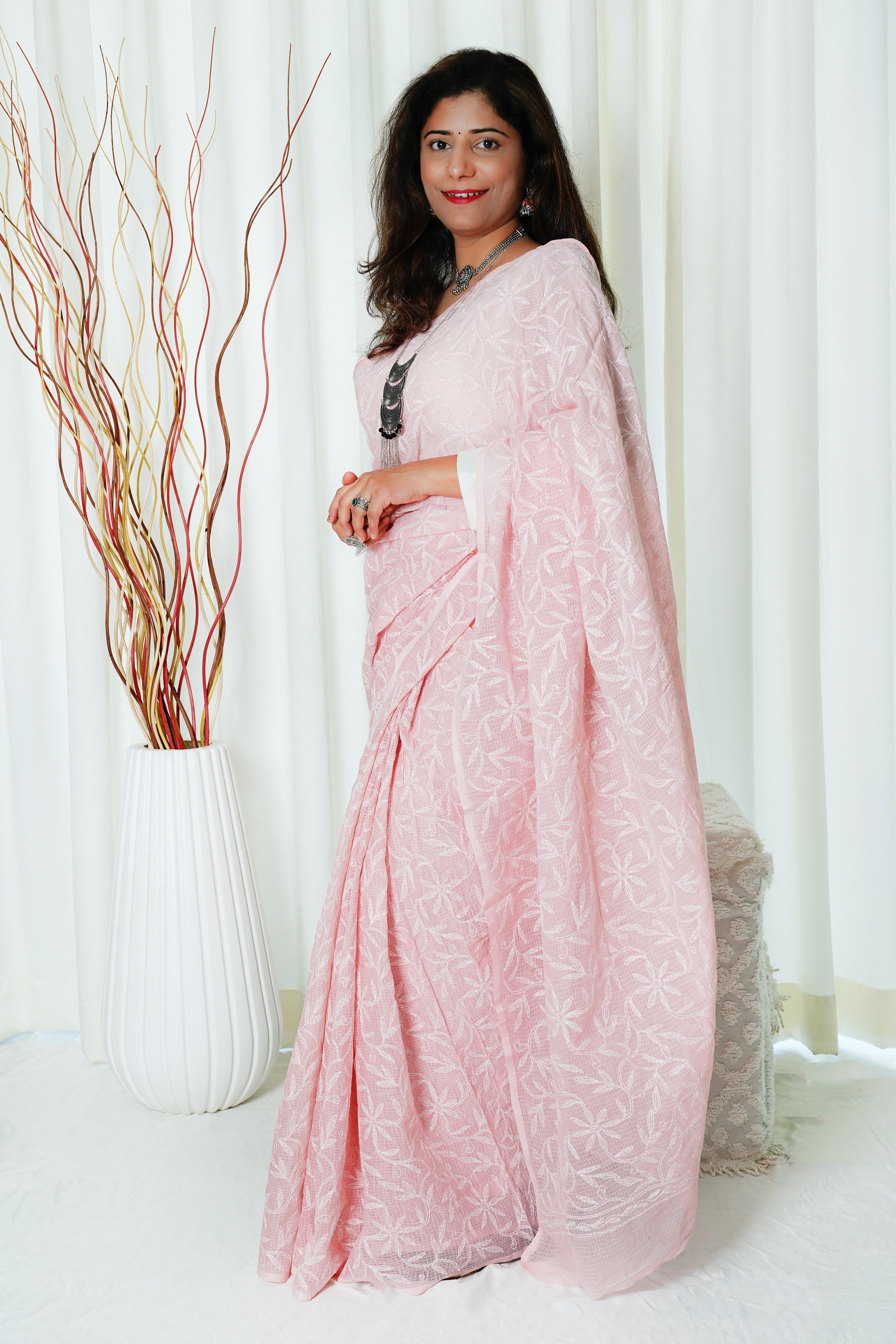 Kota Cotton Saree With Tepchi Chikankaari Work- Light Peachy Pink