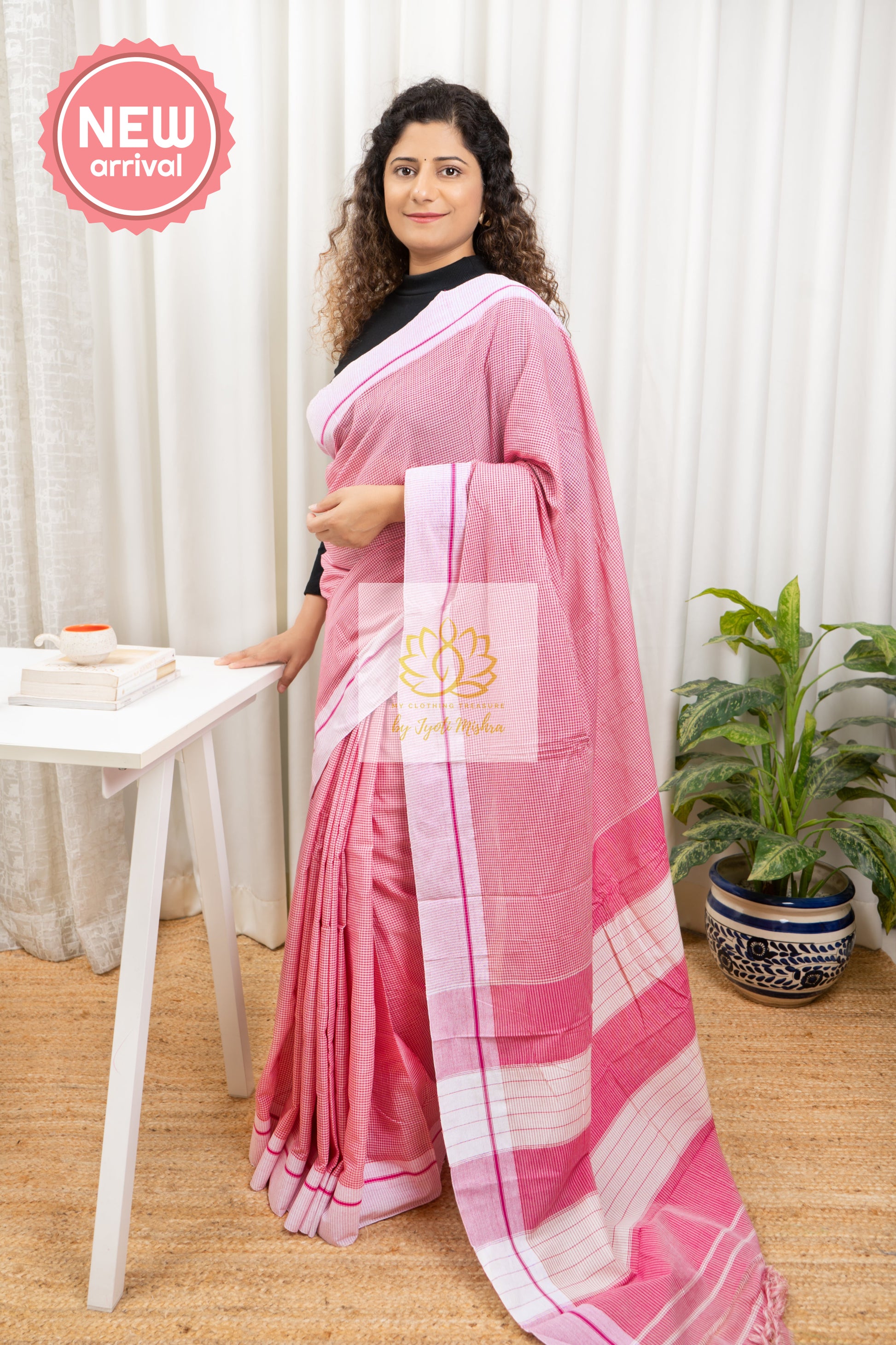 Pink Patteda Anchu Cotton Saree With Light Border