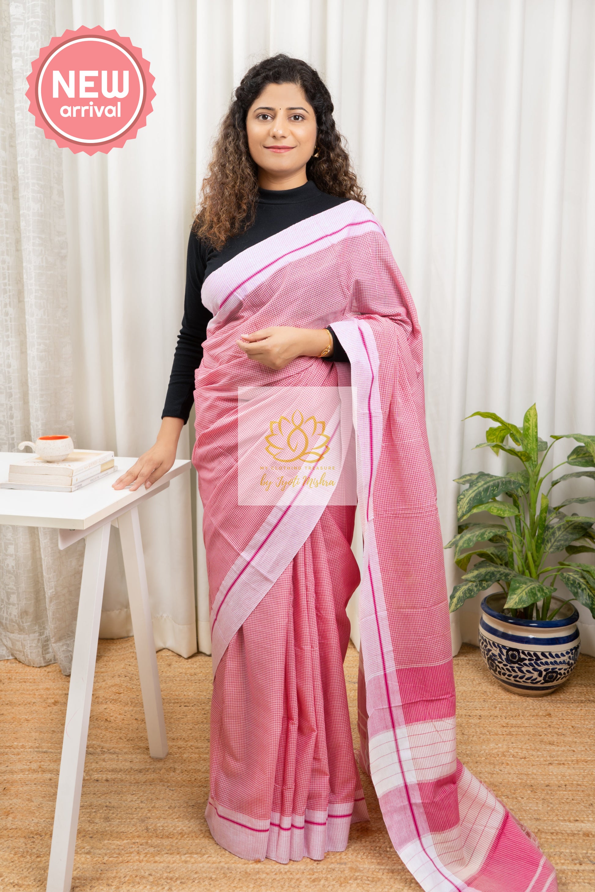 Pink Patteda Anchu Cotton Saree With Light Border