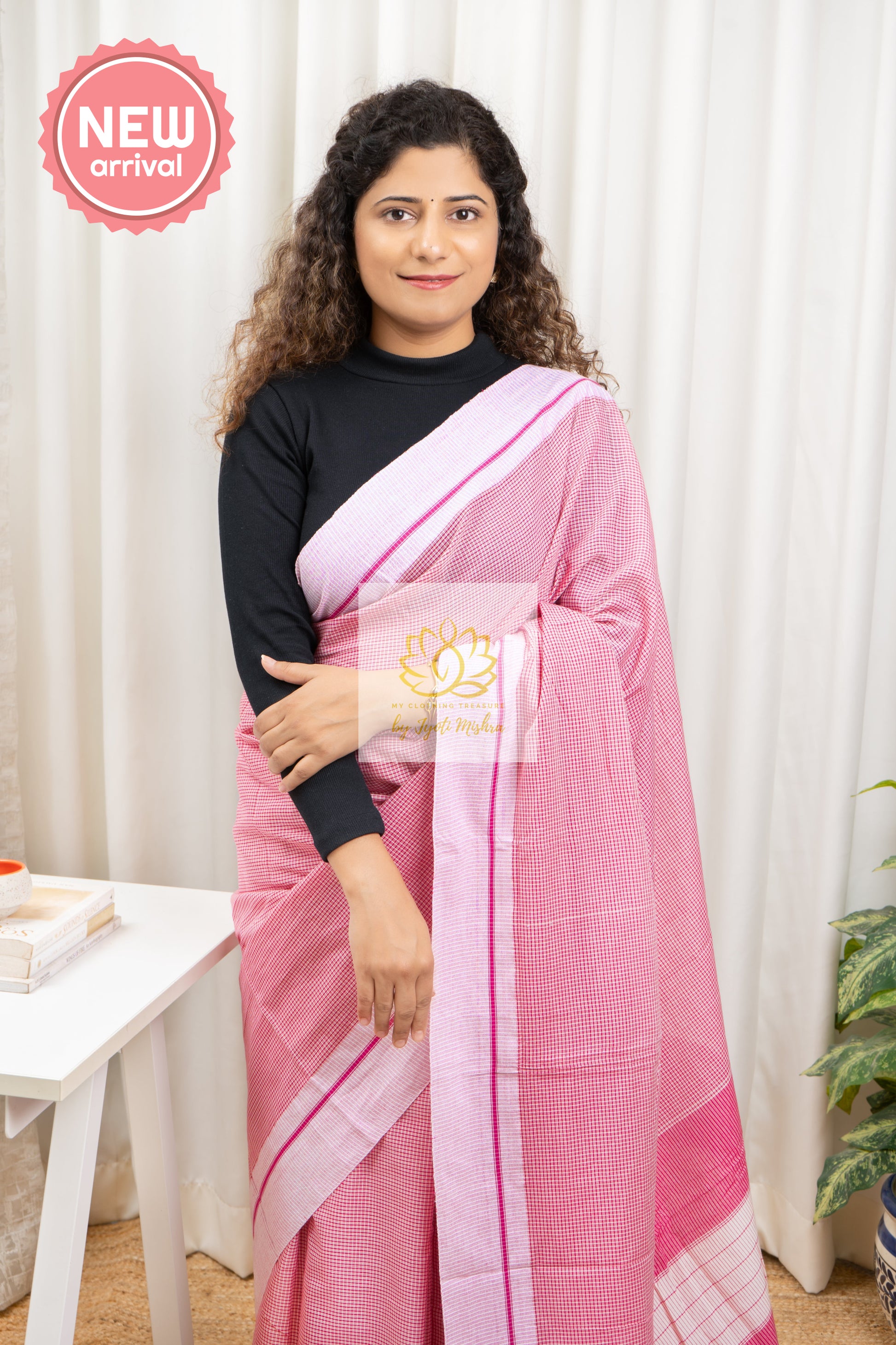 Pink Patteda Anchu Cotton Saree With Light Border