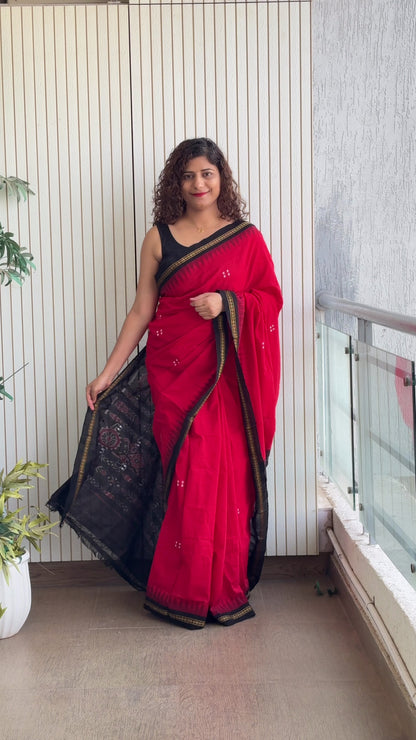 Ek Phulia Cotton Saree-Red Black