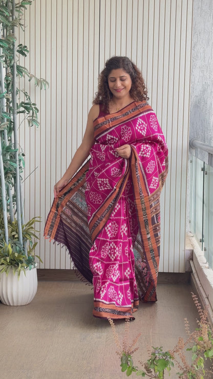 Exclusive Odisha Ikkat Nuapatna Silk Saree - Rani Pink