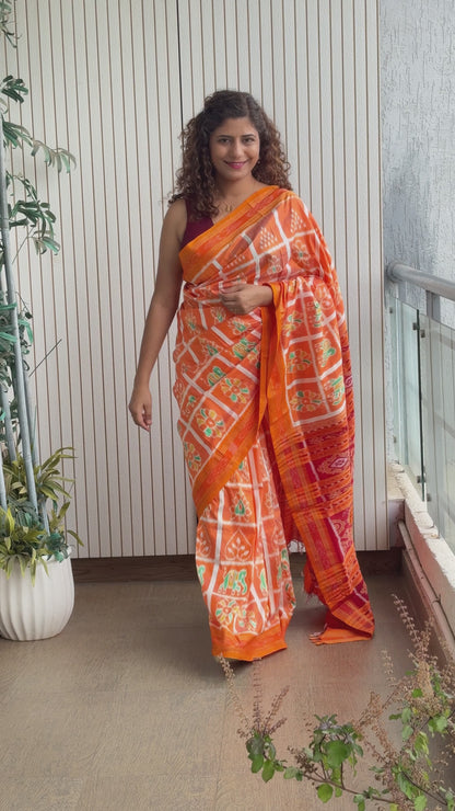 Nabakothi Khandua Pure Silk Saree- Shot Orange