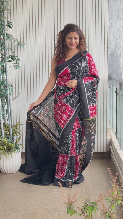 Exclusive Odisha Ikkat Nuapatna Silk Saree - Red & Black
