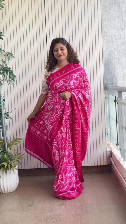 Exclusive Odisha Ikkat Khandua Pure Silk Saree- Pink