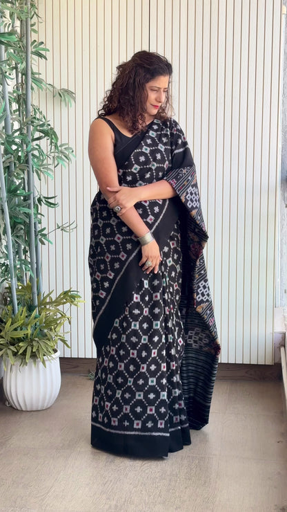 Exclusive Odisha Ikkat Khandua Cotton Saree - Black