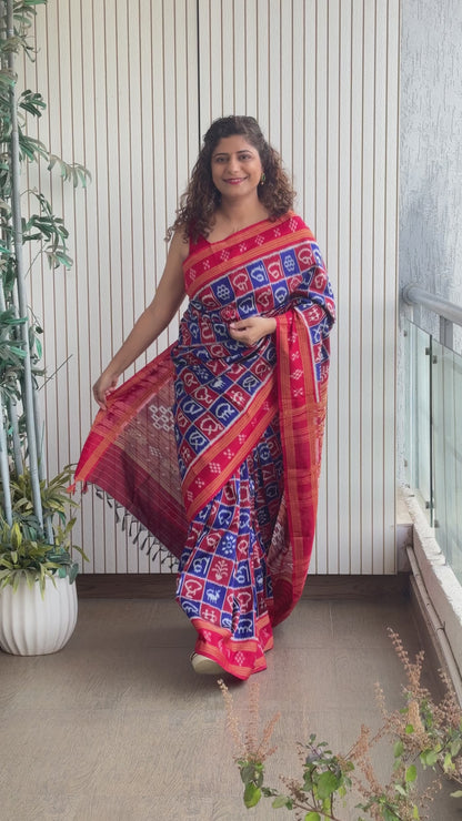 Exclusive Varnamala Odisha Ikkat Khandua Silk Saree - Navy and Red