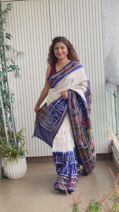 Exclusive Odisha Ikkat Nuapatna Silk Saree - White-Navy Blue