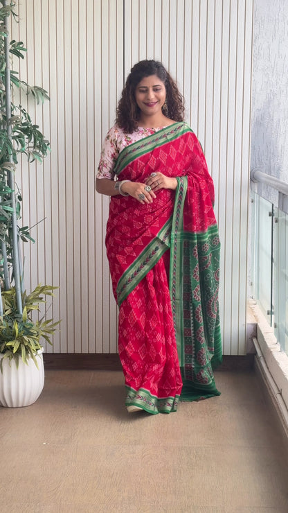 Odisha Ikkat Khandua Cotton Saree-Red
