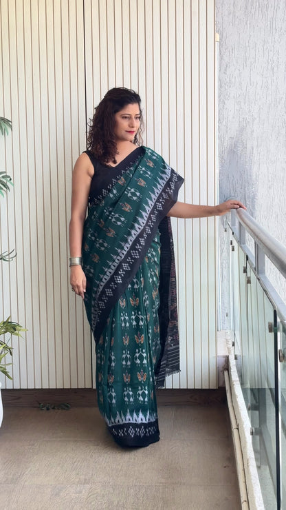 Odisha Ikkat Khandua Cotton Saree- Rama Green and Black
