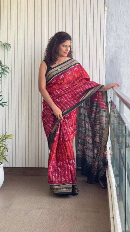 Odisha Ikkat Khandua Pure Silk Saree- Deep Red