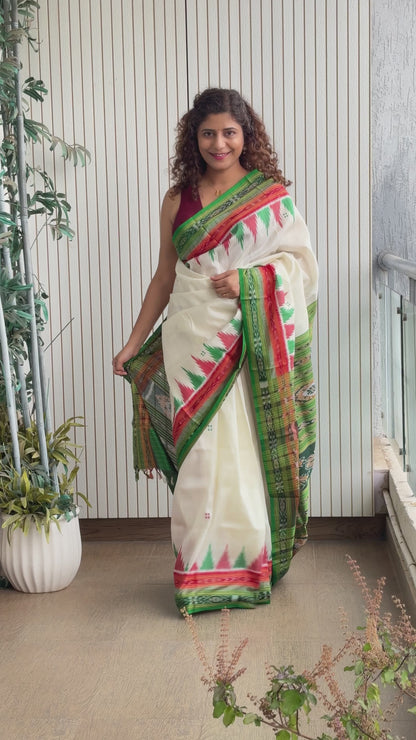 Odisha Ikkat Double Border Khandua Silk Saree - Off White