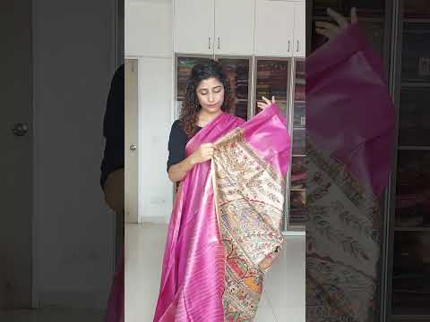 Hand Painted Madhubani Ghicha Tussar Silk Palla Slub Silk Saree - Pink