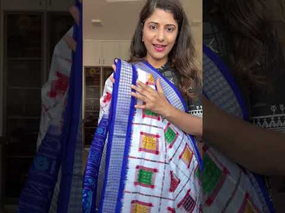 Exclusive Sambalpuri Pure Silk Saree - White-Blue