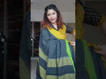 Load and play video in Gallery viewer, Black Patteda Anchu Cotton Saree With Ganga Jamuna Border- Yellow Green
