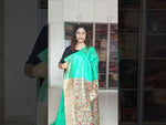 Load and play video in Gallery viewer, Hand Painted Madhubani Ghicha Tussar Silk Palla Slub Silk Saree- Sea Green
