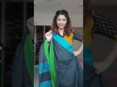 Black Patteda Anchu Cotton Saree With Ganga Jamuna Border- Blue Green