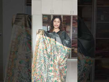 Hand Painted Madhubani Ghicha Tussar Silk Palla Slub Silk Saree - Greyish Black