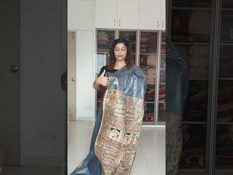 Hand Painted Madhubani Ghicha Tussar Silk Palla Slub Silk Saree - Grey