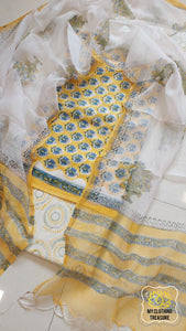 Pure Cotton Hand Block Print 3 Piece Dress Material With Kota Doria Dupatta Yellow