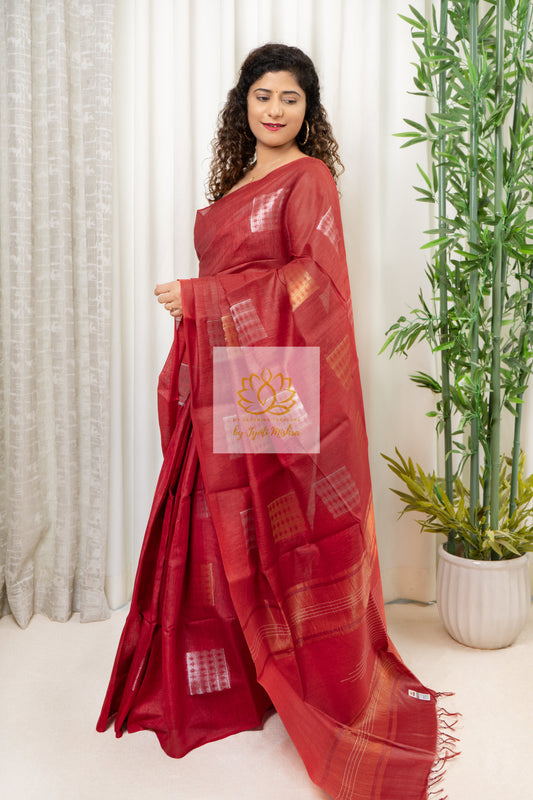 Pure Desi Tussar Silk Saree With Zari Weaving - Rusty Red