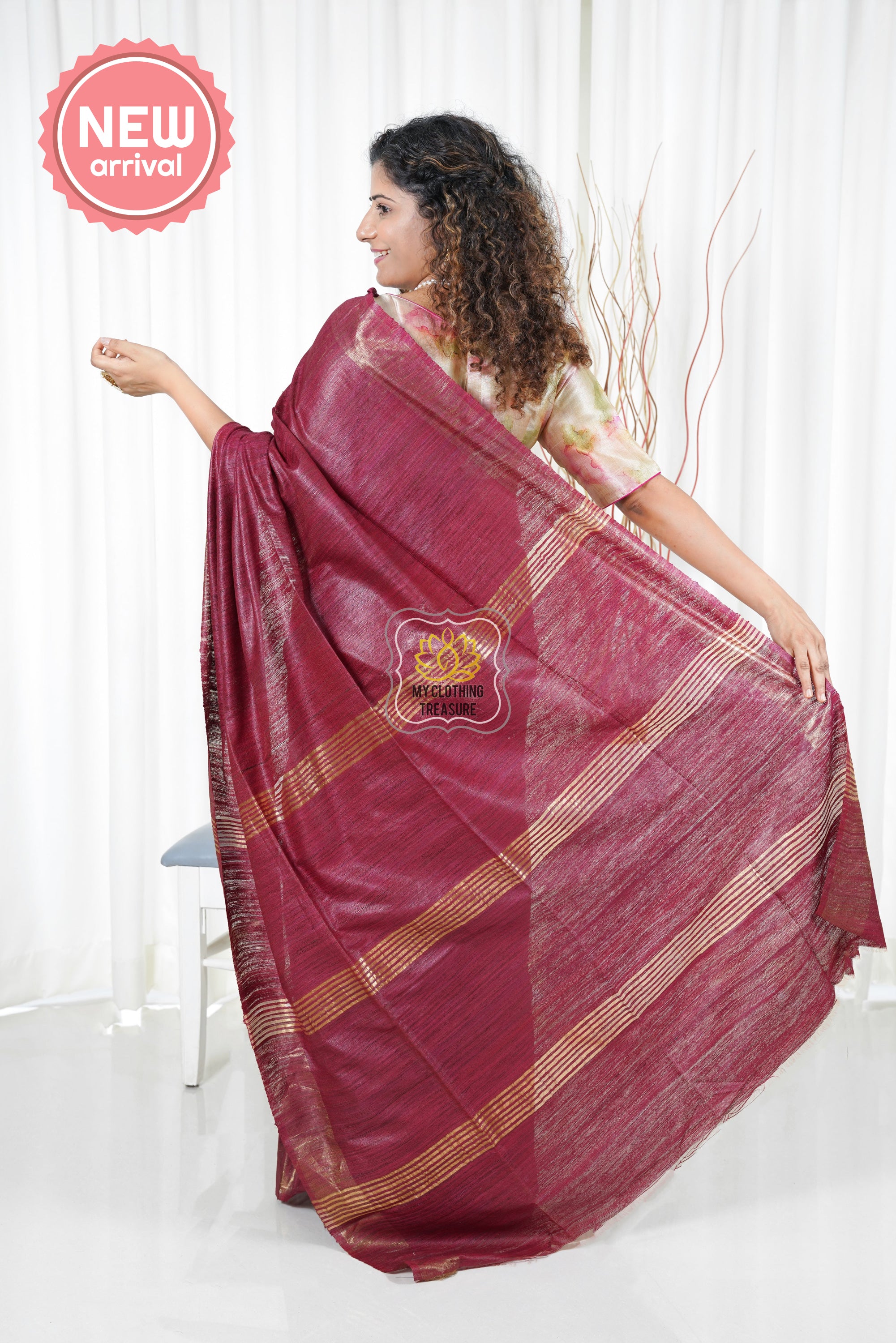 Pure Ghichha Tussar Silk With Zari Border- Burgundy Saree