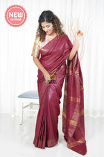 Load image into Gallery viewer, Pure Ghichha Tussar Silk With Zari Border- Burgundy Saree
