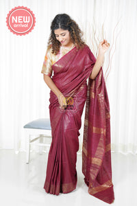 Pure Ghichha Tussar Silk With Zari Border- Burgundy Saree