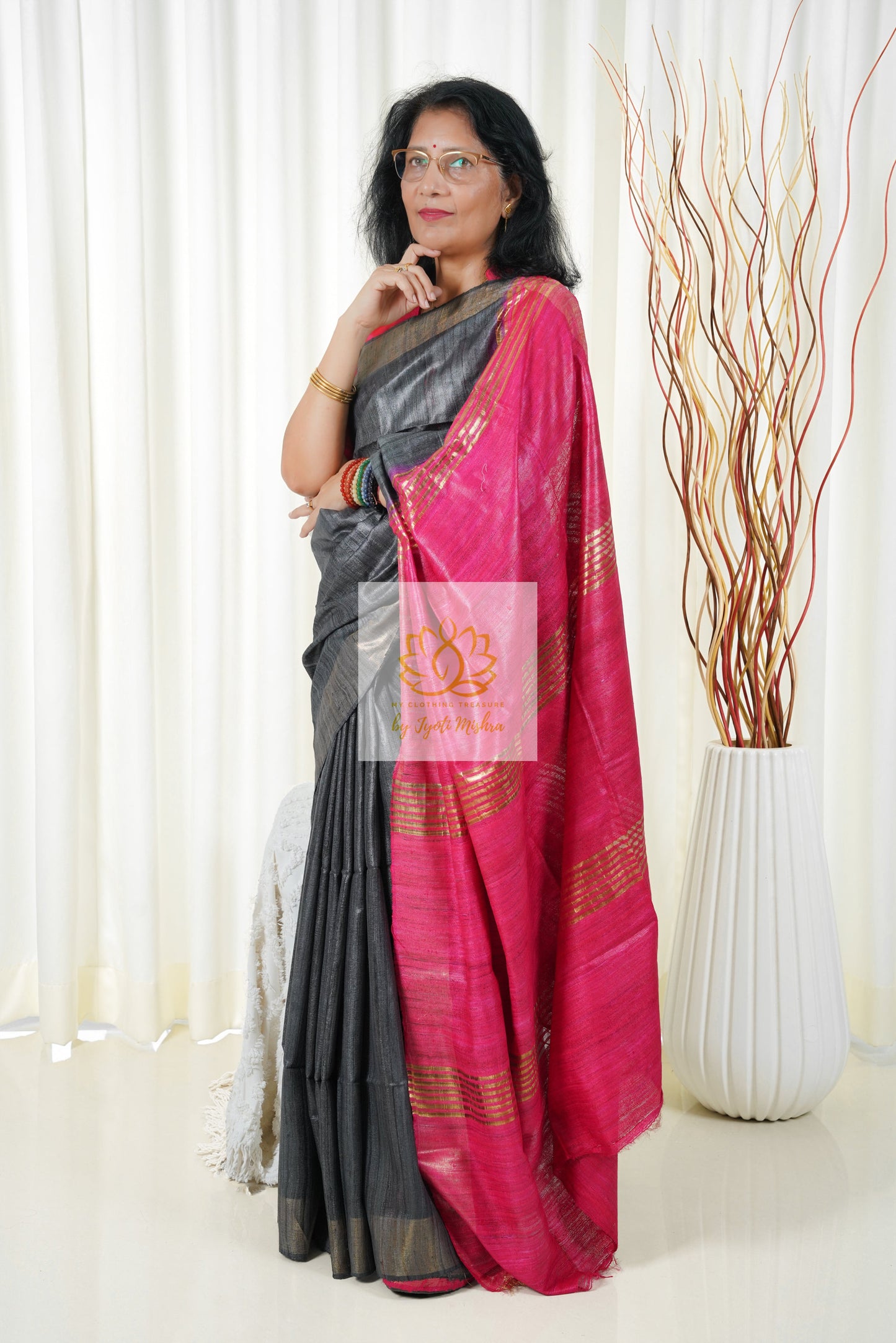 Pure Ghichha Tussar Silk With Zari Border- Dark Grey Pink Saree