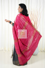 Load image into Gallery viewer, Pure Ghichha Tussar Silk With Zari Border- Dark Grey Pink Saree
