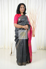 Load image into Gallery viewer, Pure Ghichha Tussar Silk With Zari Border- Dark Grey Pink Saree
