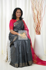 Load image into Gallery viewer, Pure Ghichha Tussar Silk With Zari Border- Dark Grey Pink Saree
