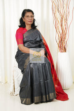 Load image into Gallery viewer, Pure Ghichha Tussar Silk With Zari Border- Dark Grey Red Saree
