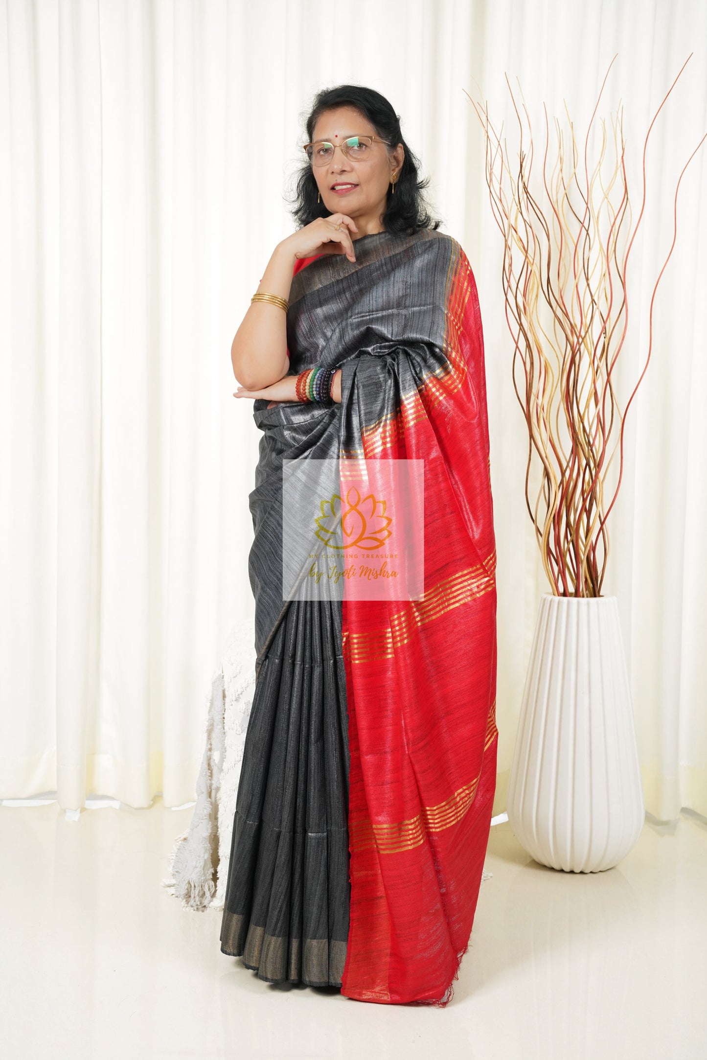 Pure Ghichha Tussar Silk With Zari Border- Dark Grey Red Saree