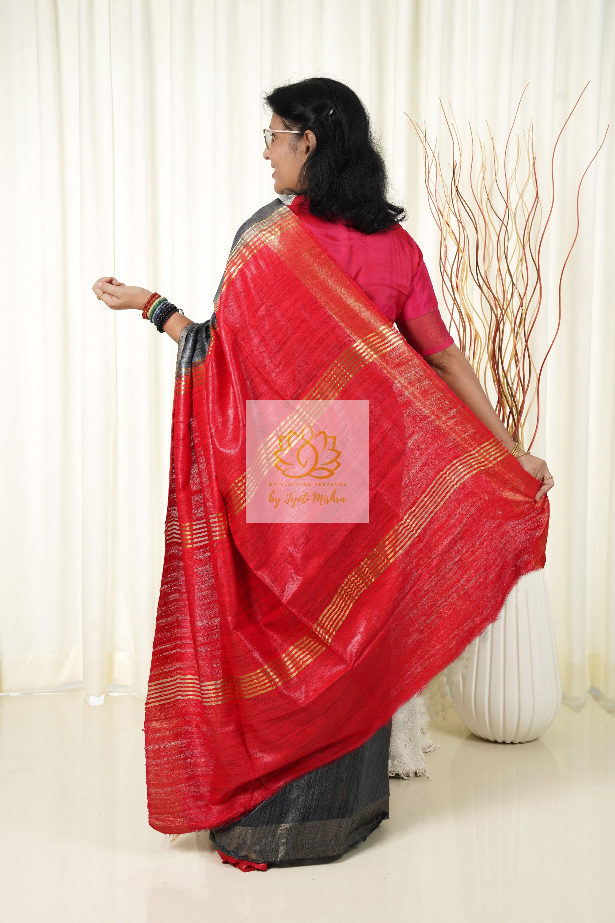 Pure Ghichha Tussar Silk With Zari Border- Dark Grey Red Saree