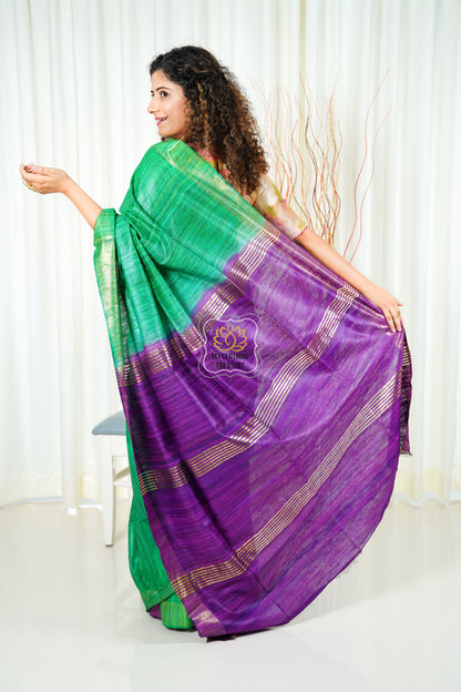 Pure Ghichha Tussar Silk With Zari Border-Green Purple Saree