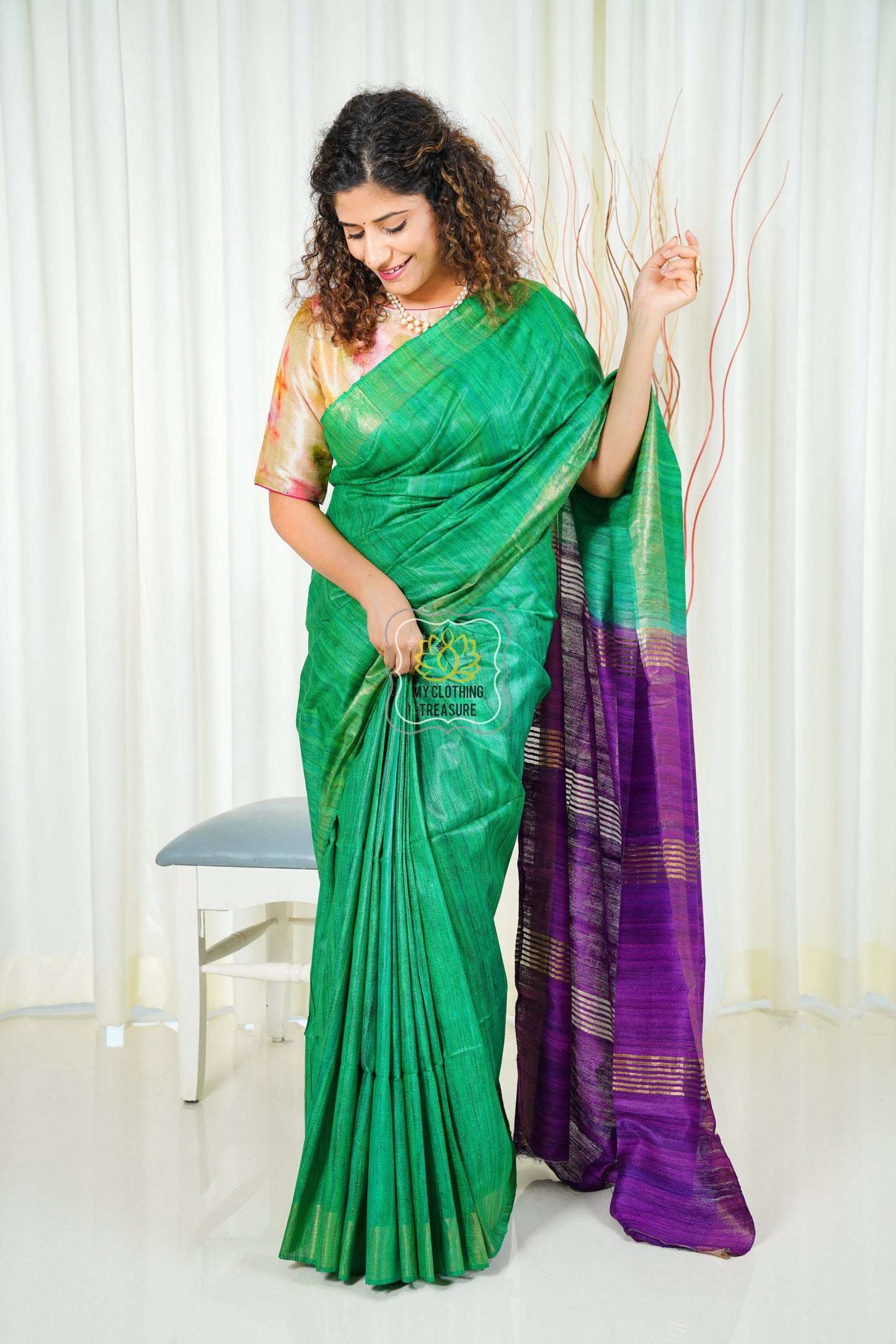 Pure Ghichha Tussar Silk With Zari Border-Green Purple Saree