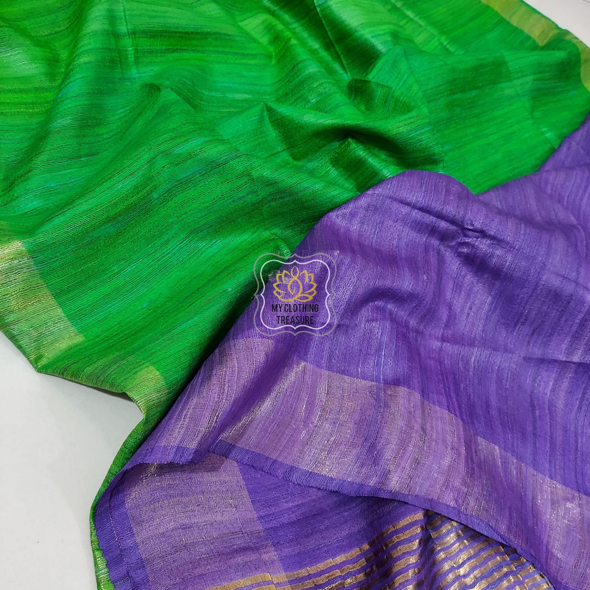 Pure Ghichha Tussar Silk With Zari Border-Green Purple Saree