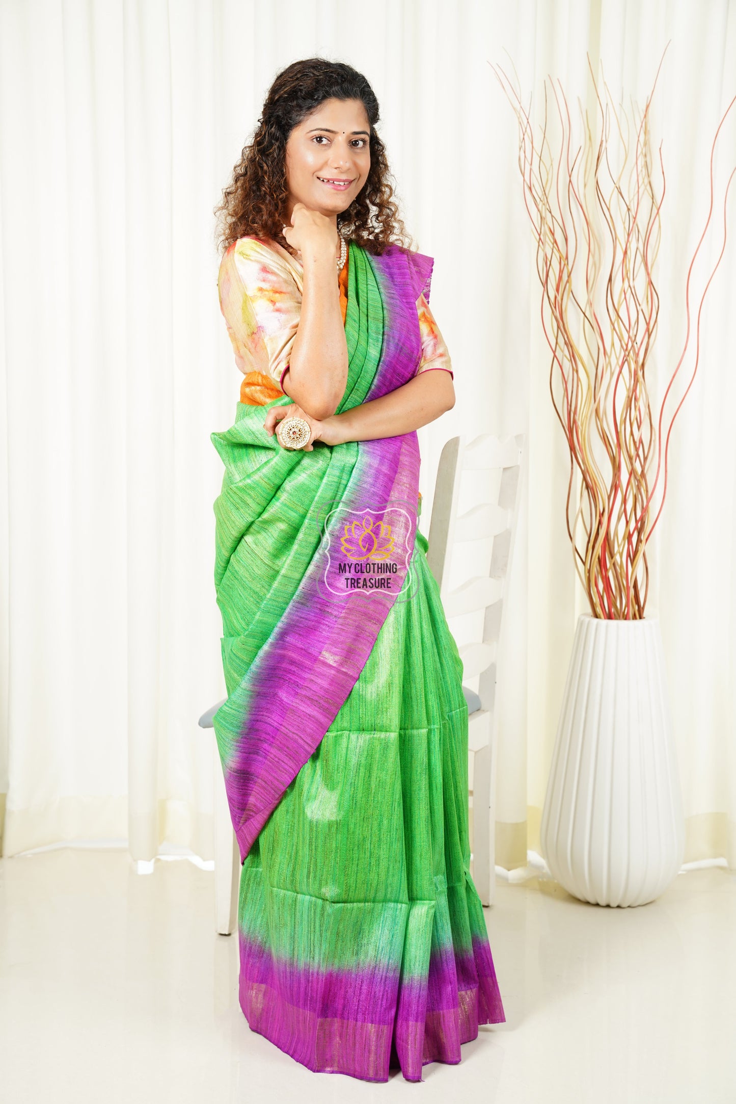 Pure Ghichha Tussar Silk With Zari Border- Leafy Green Saree