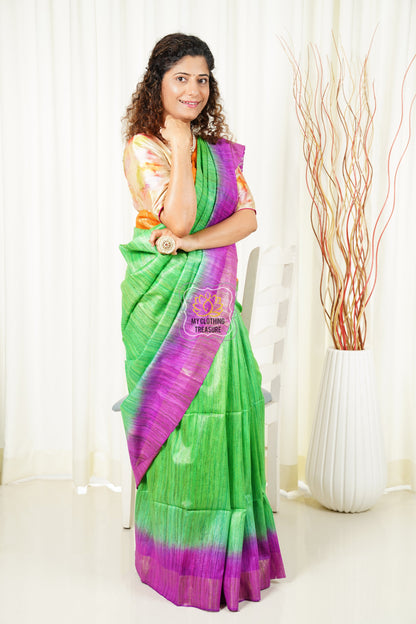 Pure Ghichha Tussar Silk With Zari Border- Leafy Green Saree