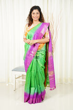 Load image into Gallery viewer, Pure Ghichha Tussar Silk With Zari Border- Leafy Green Saree
