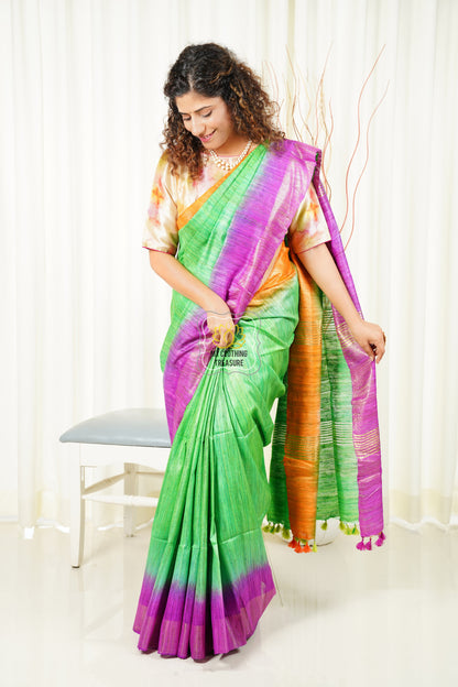 Pure Ghichha Tussar Silk With Zari Border- Leafy Green Saree