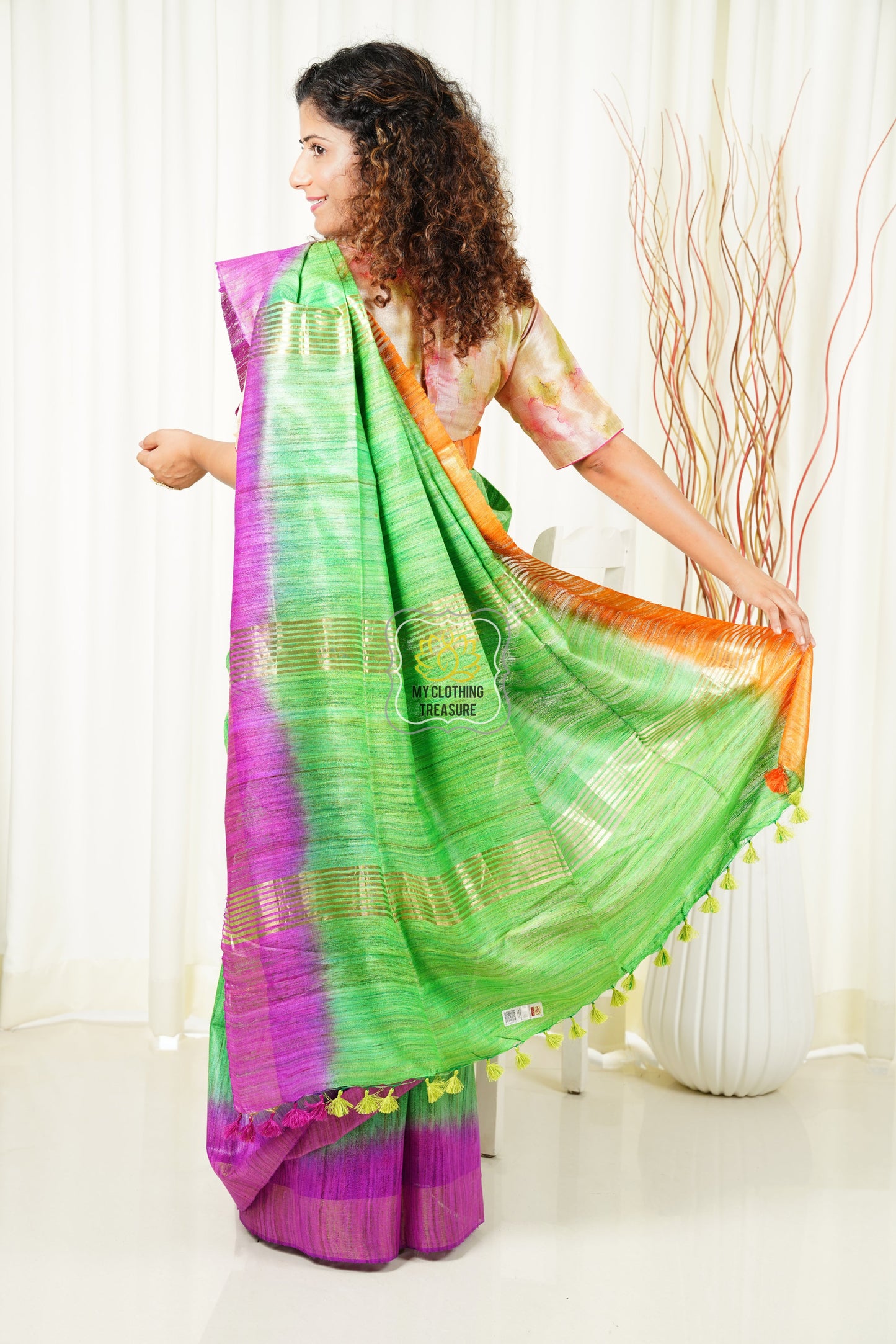 Pure Ghichha Tussar Silk With Zari Border- Leafy Green Saree