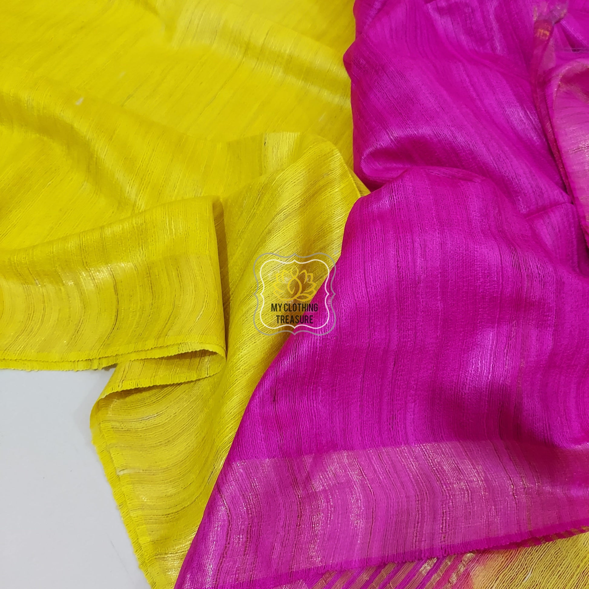 Pure Ghichha Tussar Silk With Zari Border- Neon Yellow Pink Saree