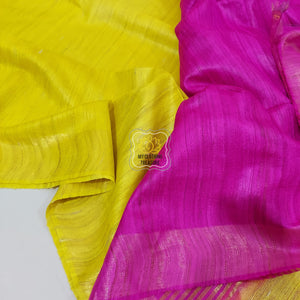 Pure Ghichha Tussar Silk With Zari Border- Neon Yellow Pink Saree