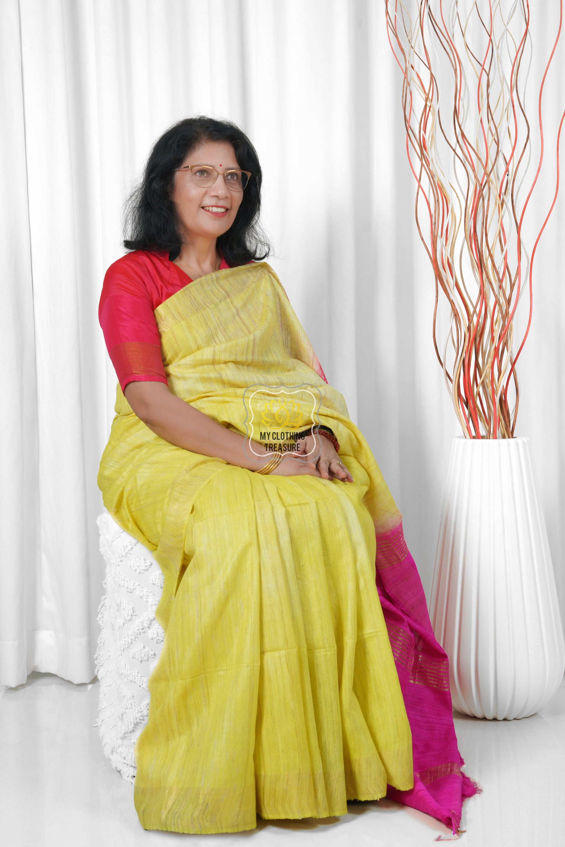 Pure Ghichha Tussar Silk With Zari Border- Neon Yellow Pink Saree