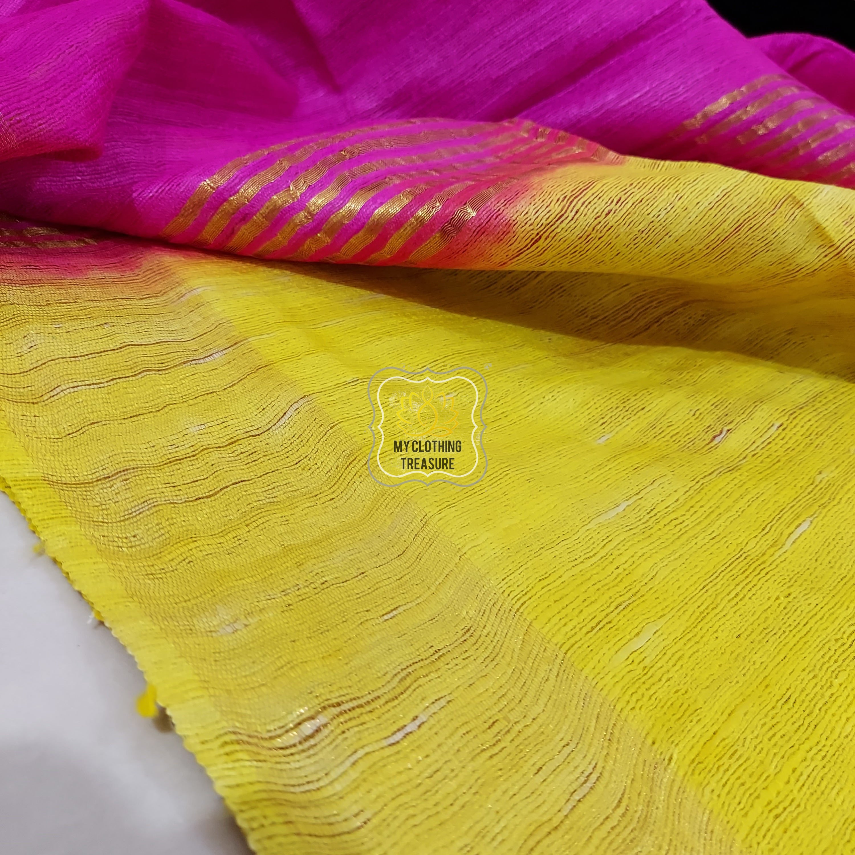 Pure Ghichha Tussar Silk With Zari Border- Neon Yellow Pink Saree